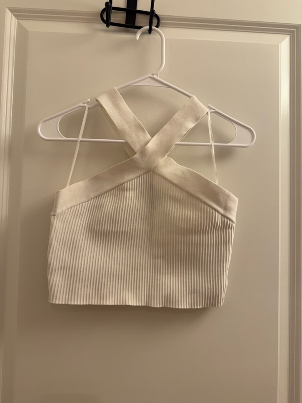 Sincerely Jules Cream Ribbed Cross-Back Crop Top